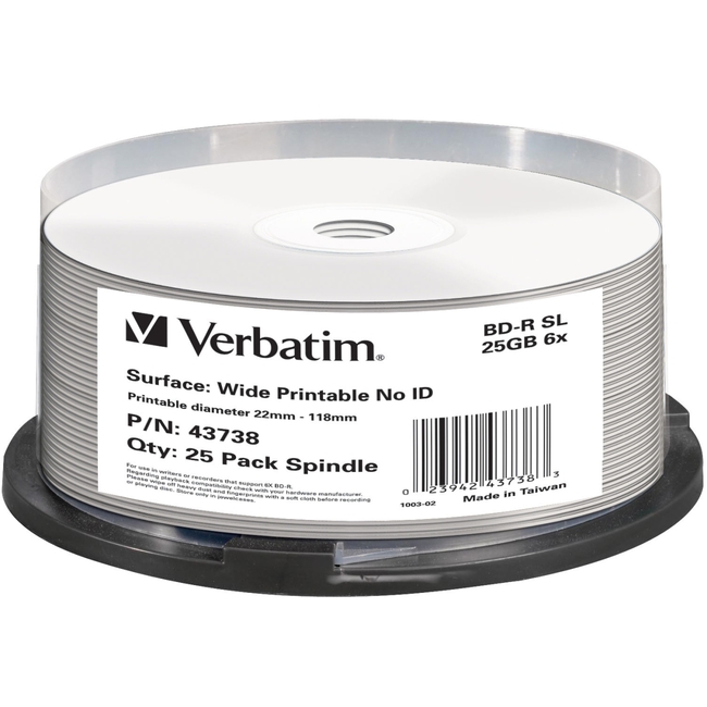 Picture of Verbatim BD-R 25GB 6X White Wide Printable 25 Pack on Spindle